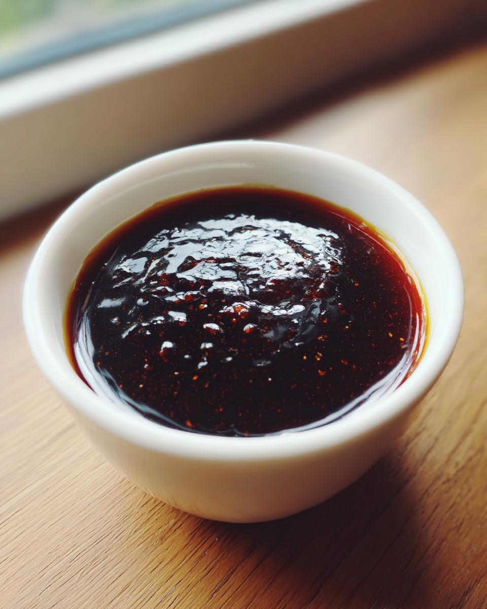 Close-up of thick, dark homemade teriyaki sauce with visible spices in a small white dipping bowl.