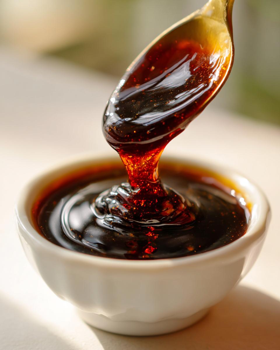 Close-up of thick, dark teriyaki sauce being drizzled from a golden spoon into a small white bowl.