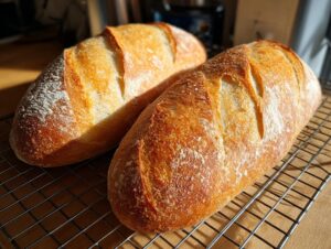 Two golden-brown loaves of freshly baked french bread cooling on a wire rack, showing crisp crusts and flour dusting.