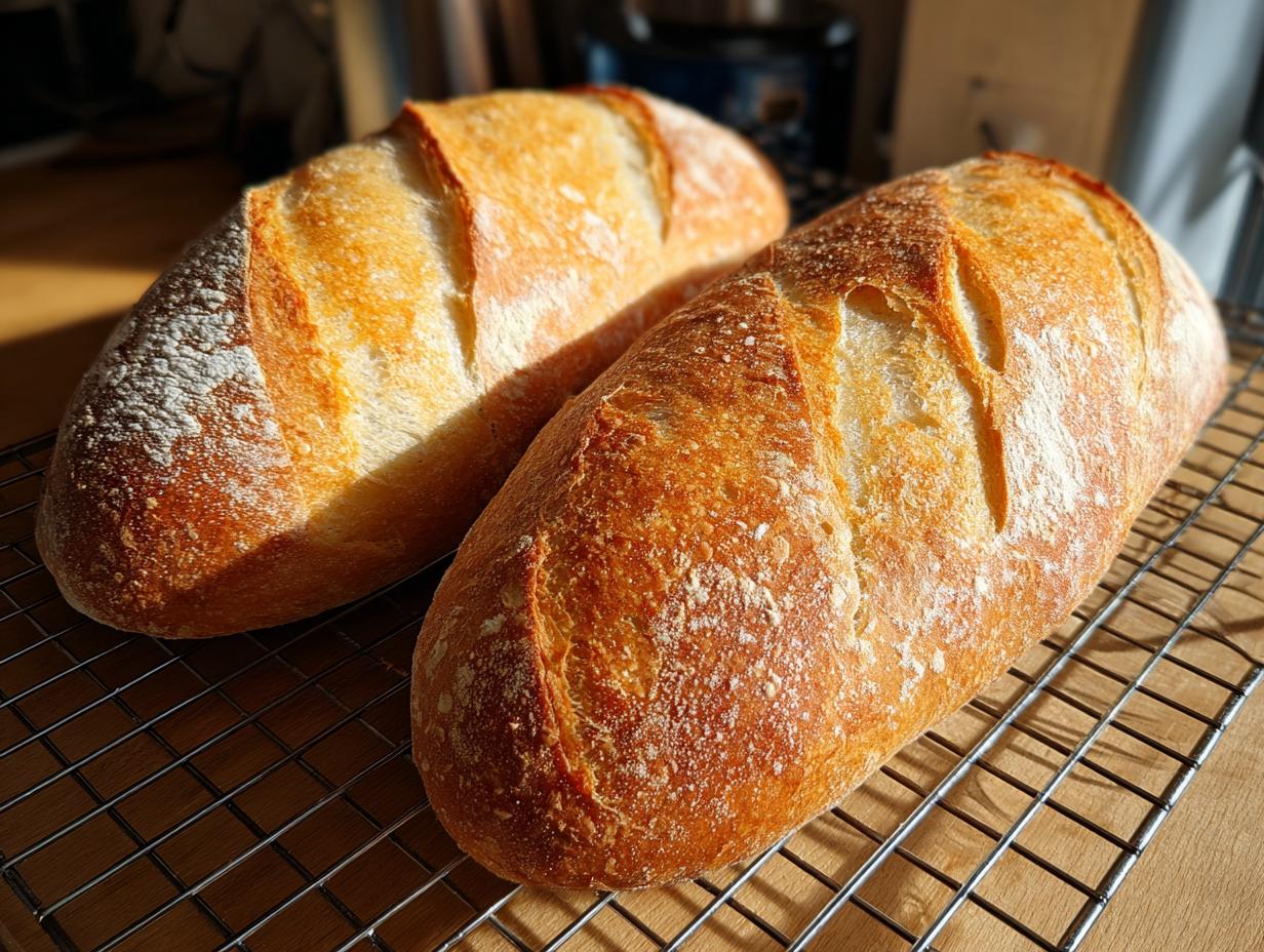 Two golden-brown loaves of freshly baked french bread cooling on a wire rack, showing crisp crusts and flour dusting.