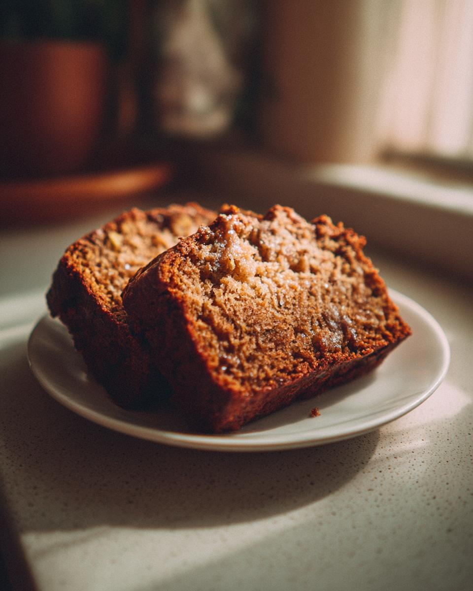 Two thick slices of moist banana zucchini bread resting on a small white plate, illuminated by warm sunlight.