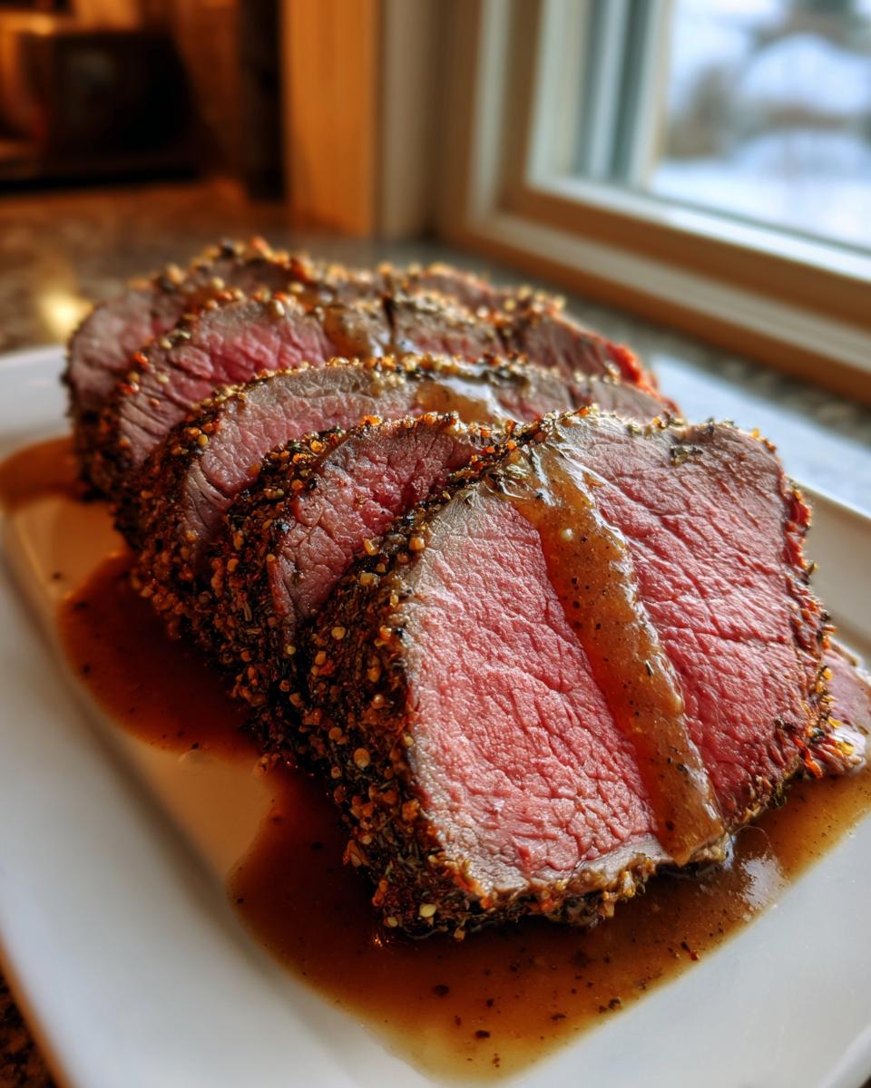 Four thick slices of medium-rare rib roast, crusted with pepper and herbs, resting in au jus on a white platter.