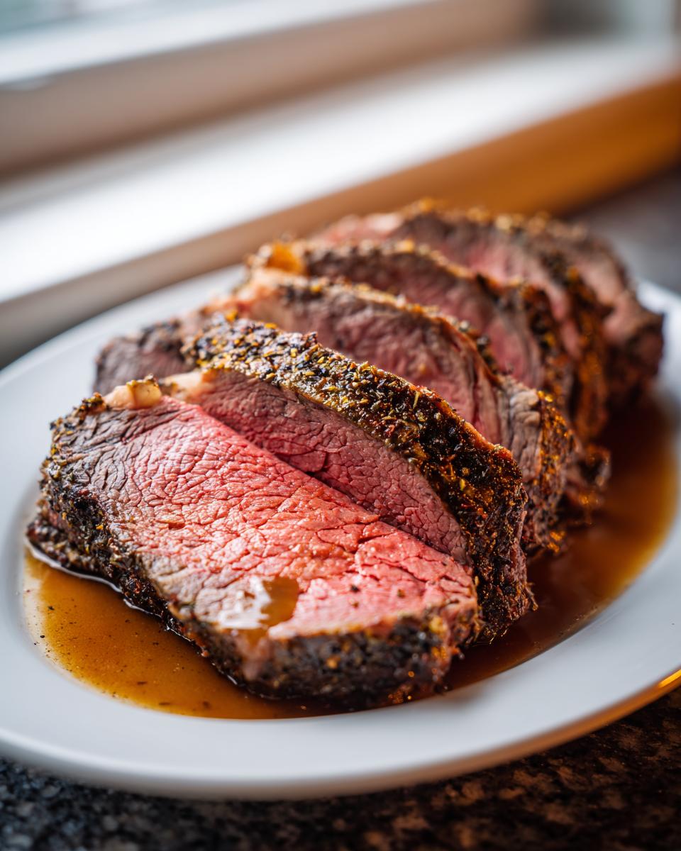 Close-up of perfectly cooked, medium-rare rib roast, sliced and resting in its juices on a white plate.
