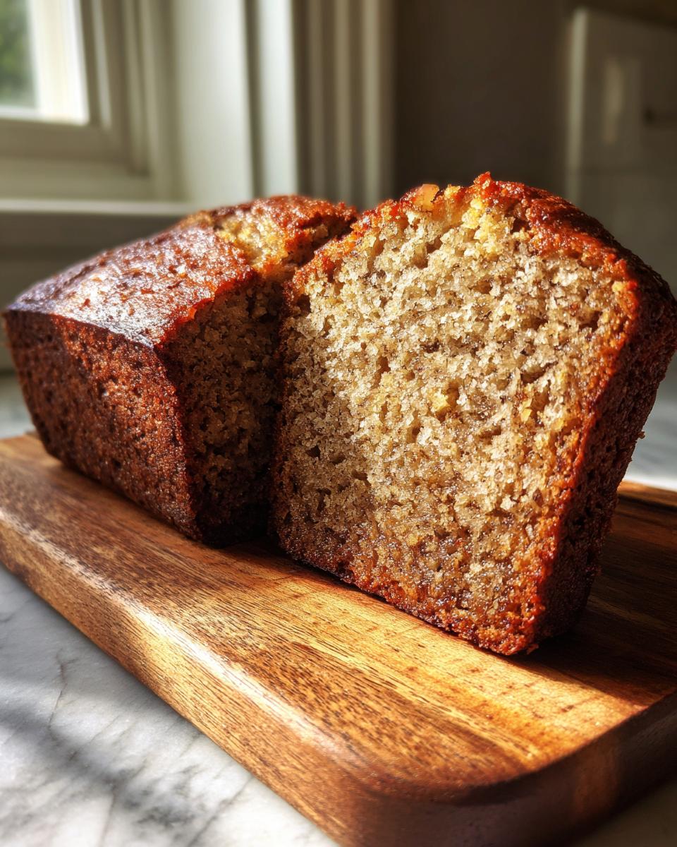 Close-up of a freshly baked vegan banana bread loaf cut in half, showing its moist, golden-brown crumb texture.