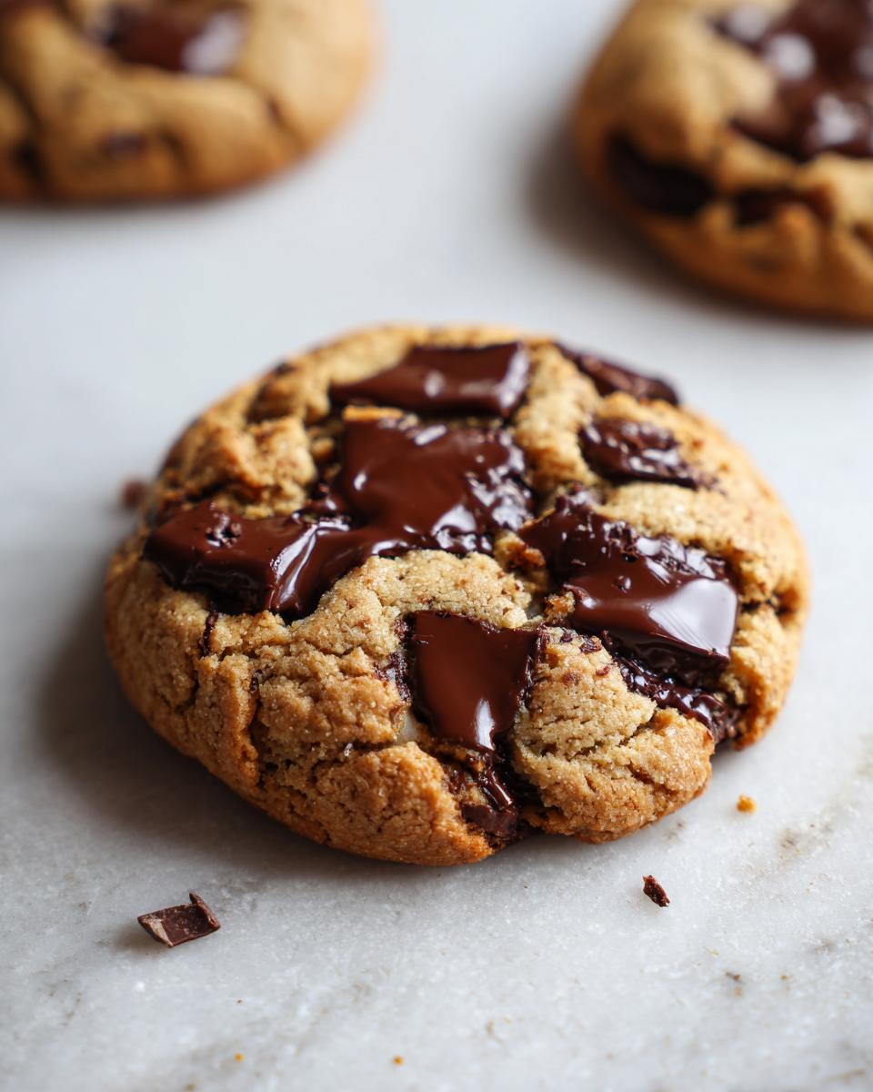 A close-up of a freshly baked vegan chocolate chip cookie with melted chocolate chunks on a light surface.