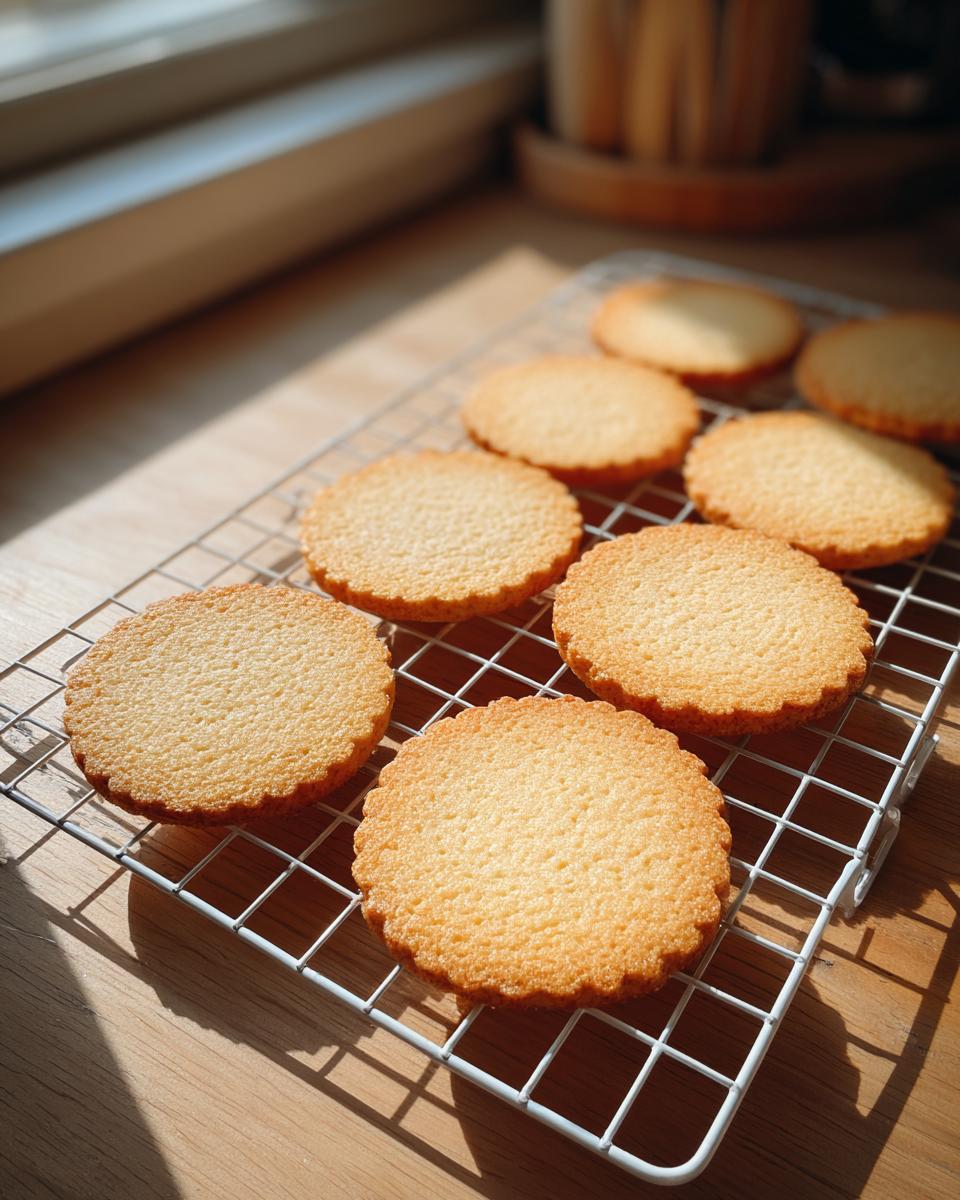 Several golden-brown, round vegan sugar cookies cooling on a white wire rack in bright sunlight.