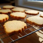 Close-up of golden-brown vegan sugar cookies cooling on a wire rack in bright sunlight.