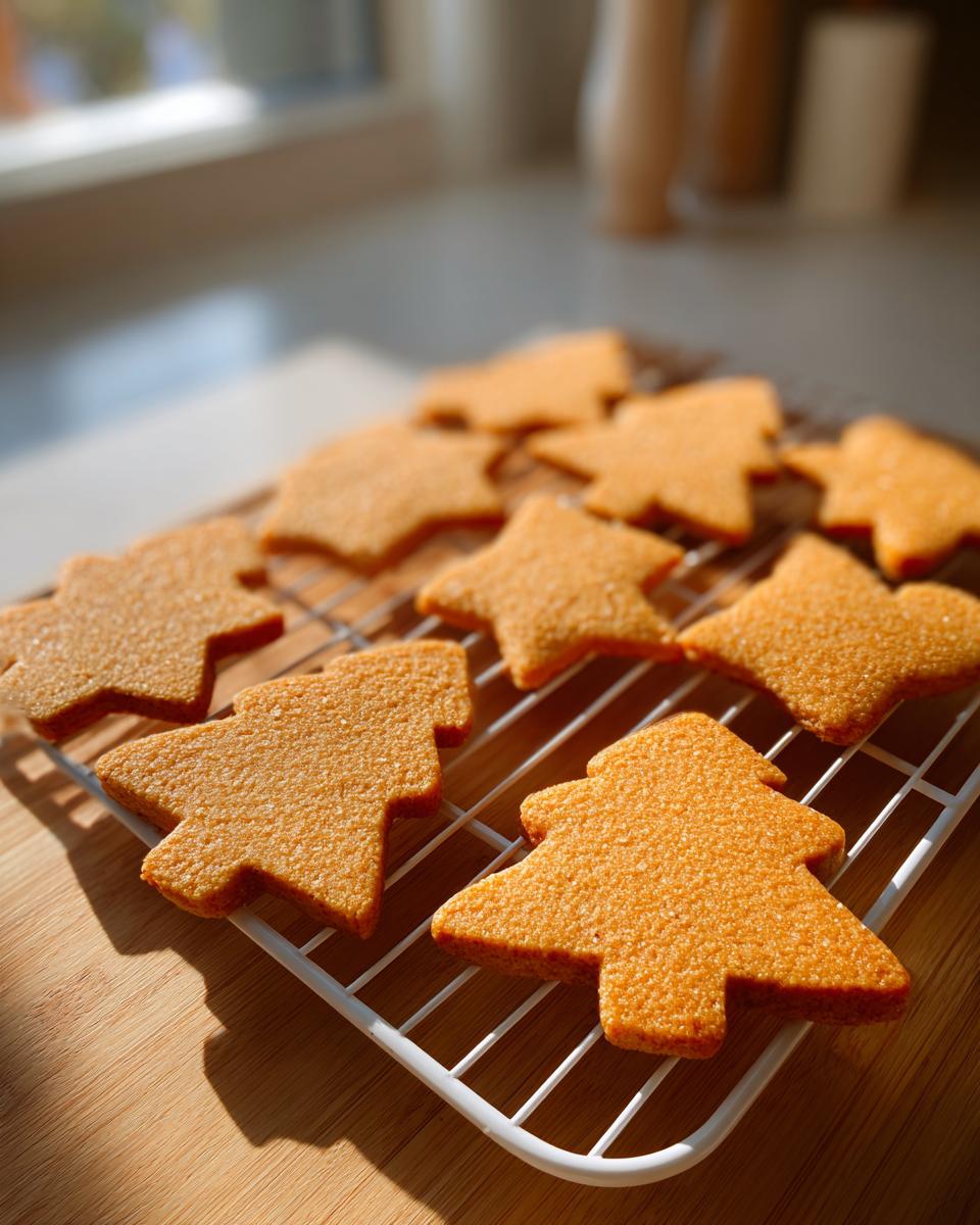 Several freshly baked vegan sugar cookies shaped like trees and stars cooling on a white wire rack.