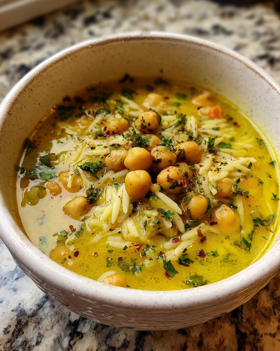 Close-up of a bowl of vibrant yellow chickpea soup featuring whole chickpeas, orzo pasta, and fresh parsley garnish.