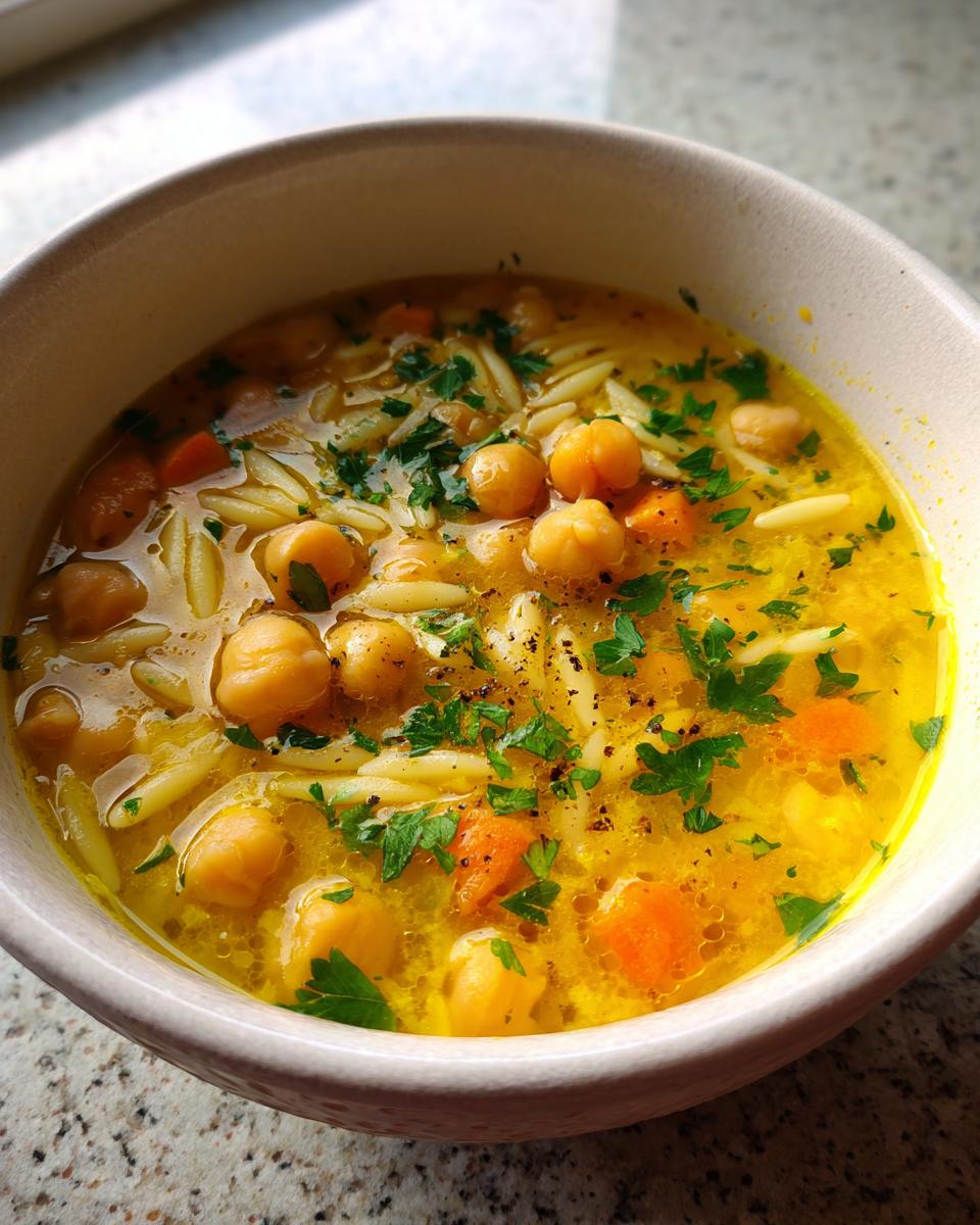 Close-up of a bowl of vibrant yellow chickpea soup containing chickpeas, orzo pasta, diced carrots, and fresh parsley.