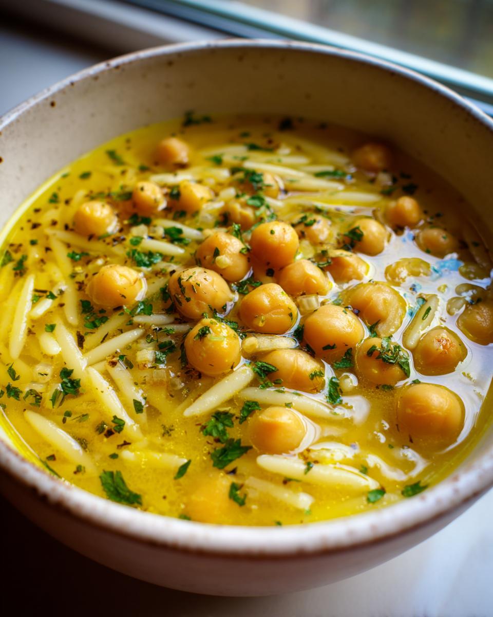 Close-up of a bowl of vibrant yellow chickpea soup featuring whole chickpeas, orzo pasta, and fresh parsley garnish.