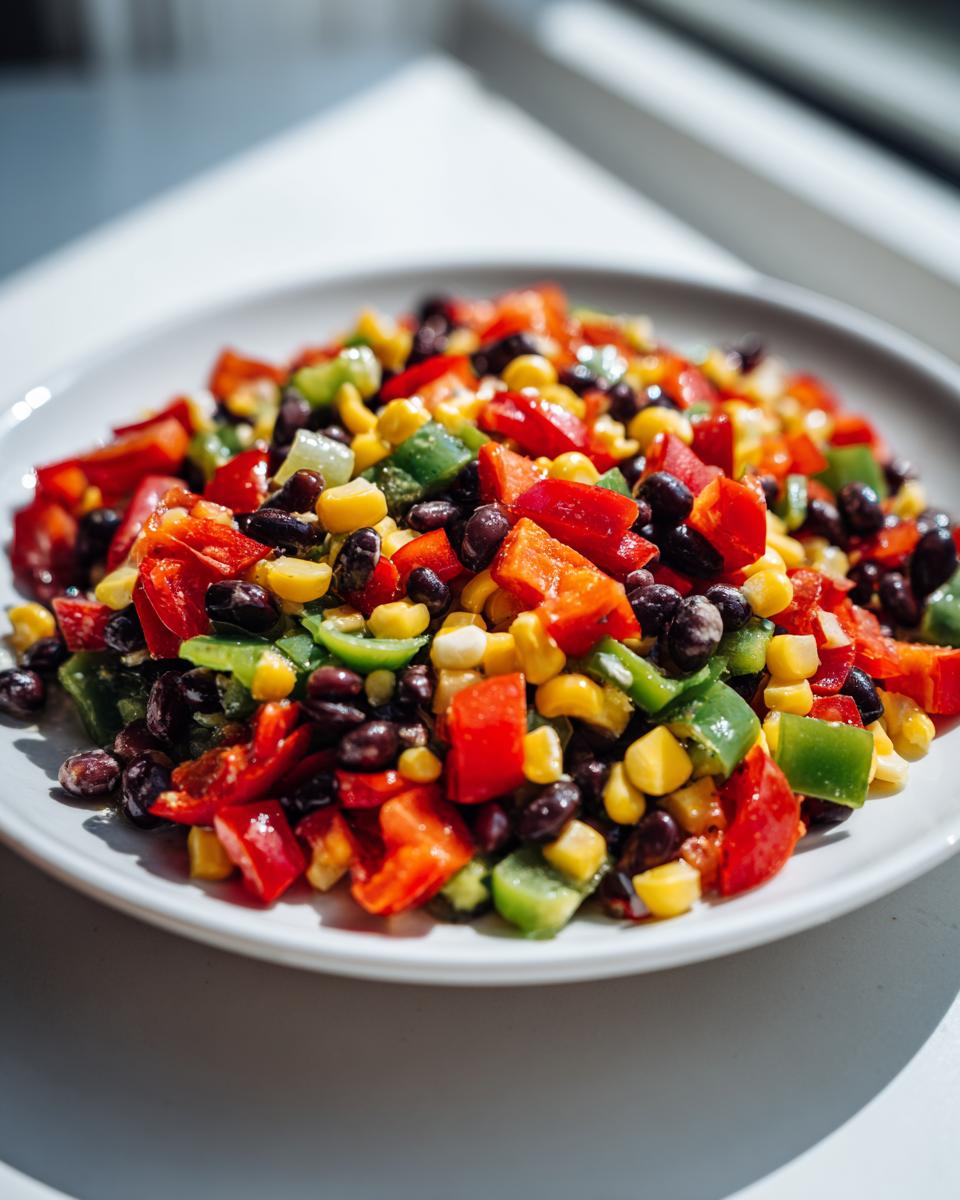 Close-up of colorful cowboy caviar featuring black beans, corn, red, and green peppers, served on a white plate.