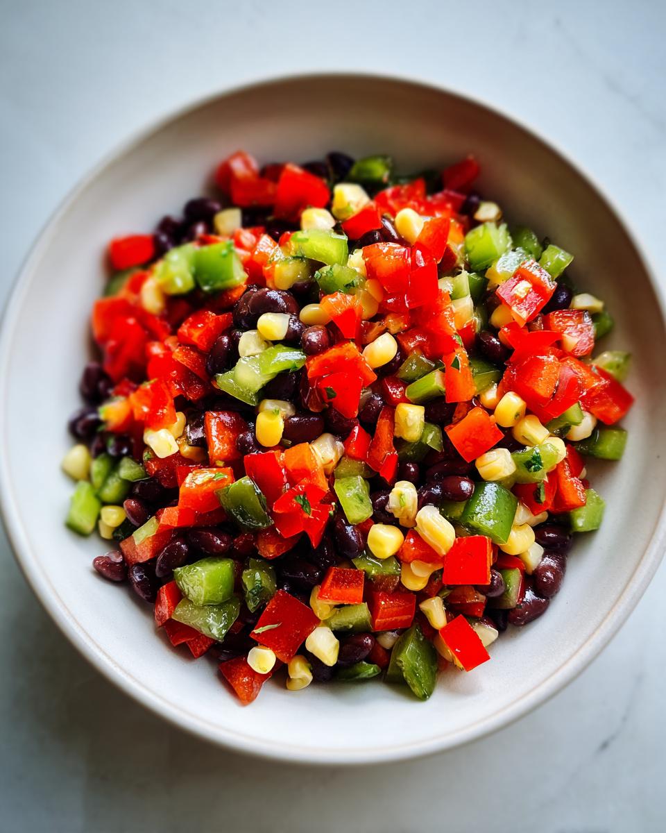 Close-up overhead shot of fresh cowboy caviar featuring black beans, corn, and diced red and green peppers in a light bowl.