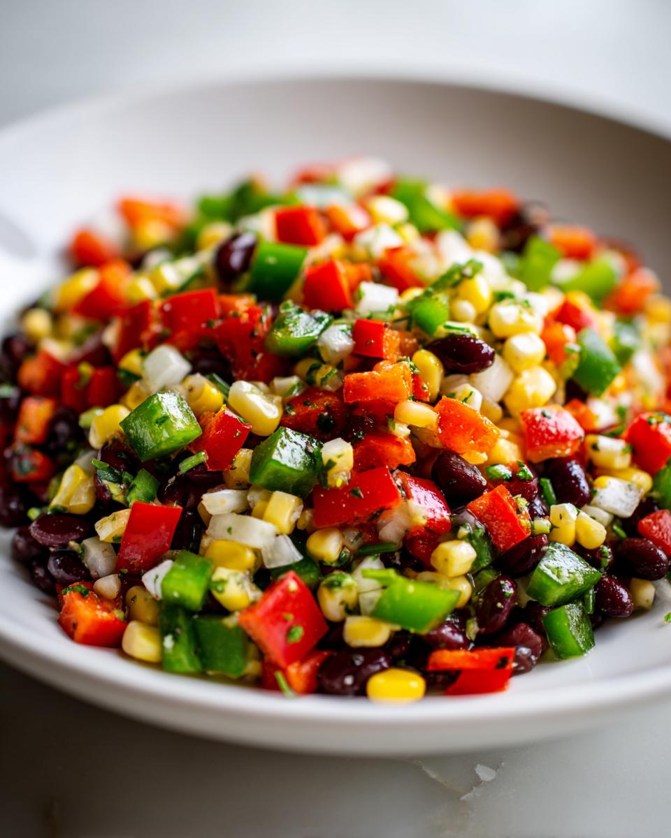 Close-up of colorful cowboy caviar featuring black beans, corn, red pepper, green pepper, and onion.