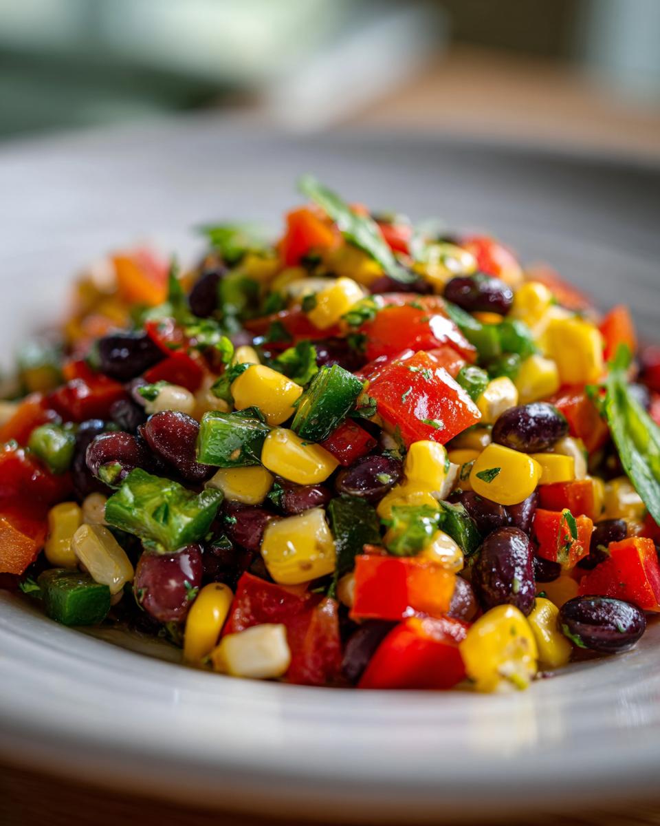 Close-up of colorful cowboy caviar featuring black beans, corn, diced red peppers, and green jalapeños.