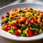 Close-up of colorful cowboy caviar featuring black beans, corn, red peppers, and green peppers on a white plate.