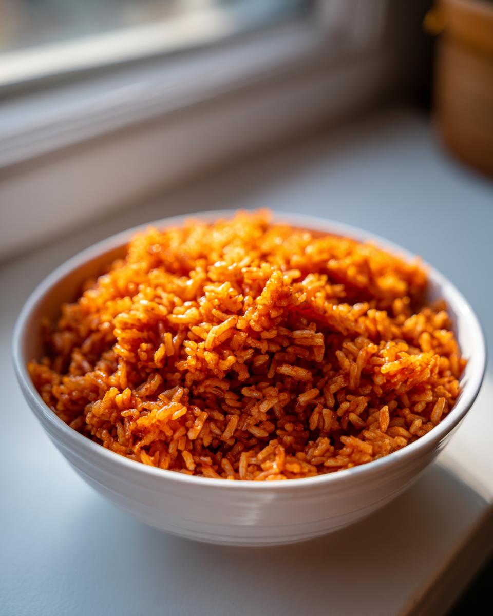 Close-up of vibrant, orange-red Jollof rice served in a white bowl, illuminated by natural light.