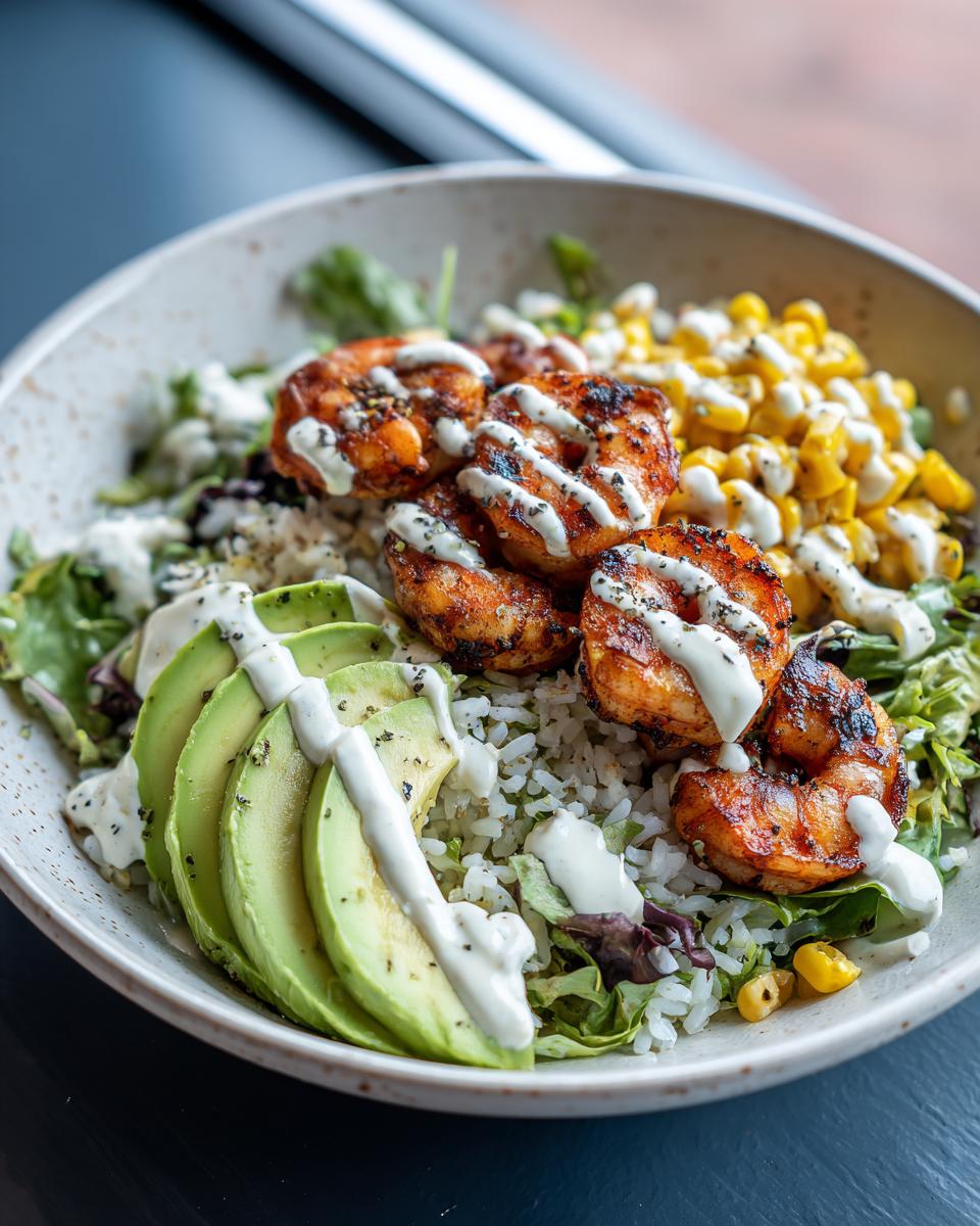 A close-up of a vibrant shrimp bowl featuring seasoned grilled shrimp, sliced avocado, corn, and rice, drizzled with a white sauce.
