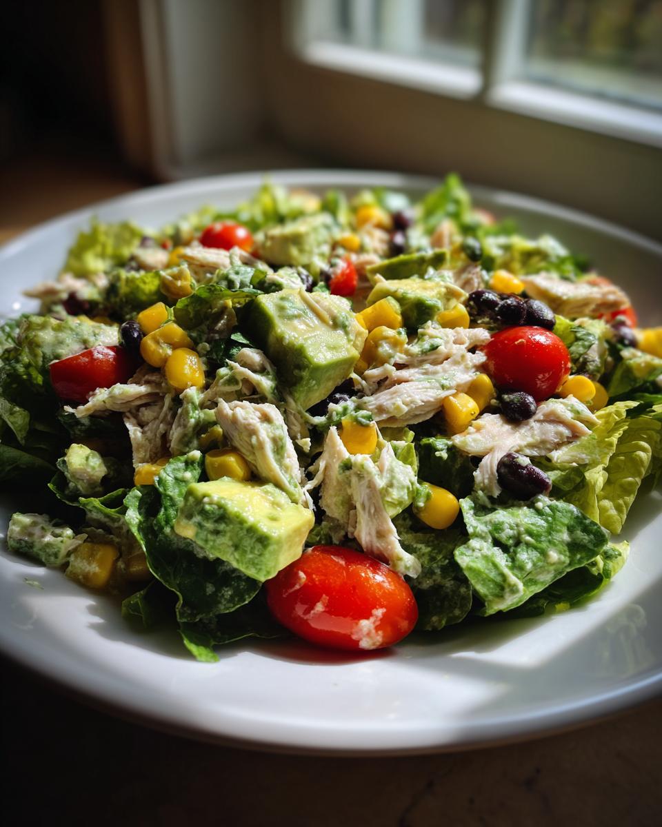 Close-up of a vibrant southwest salad featuring shredded chicken, avocado chunks, corn, black beans, and cherry tomatoes.