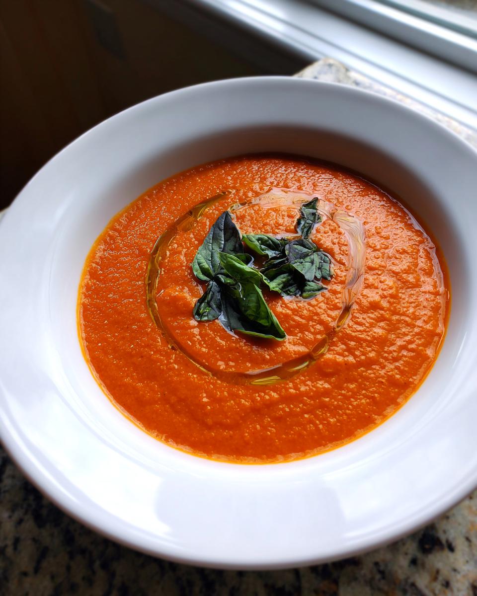 A close-up of vibrant, creamy tomato basil soup in a white bowl, drizzled with olive oil and topped with fresh basil leaves.