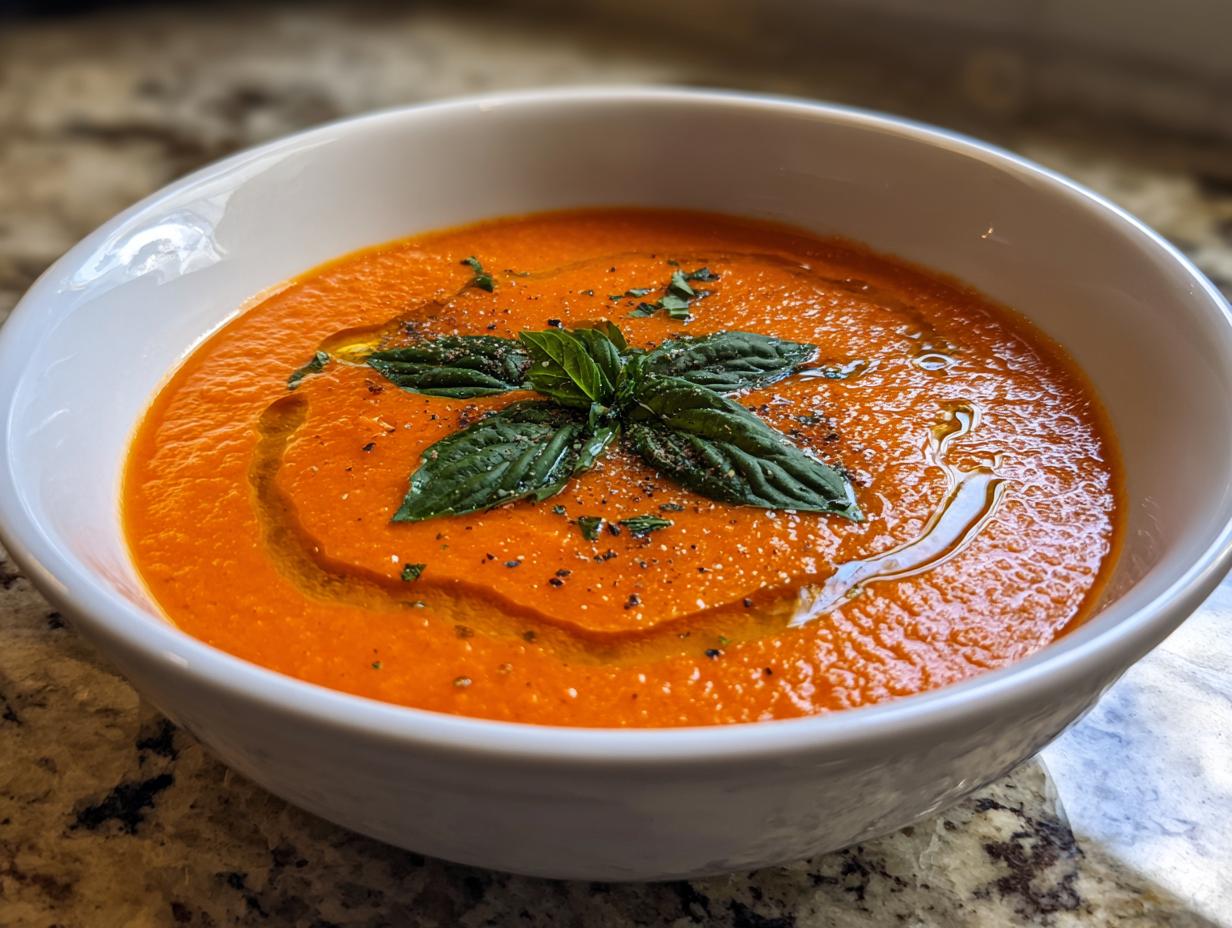 Close-up of a bowl of vibrant tomato basil soup, drizzled with olive oil and topped with fresh basil leaves.