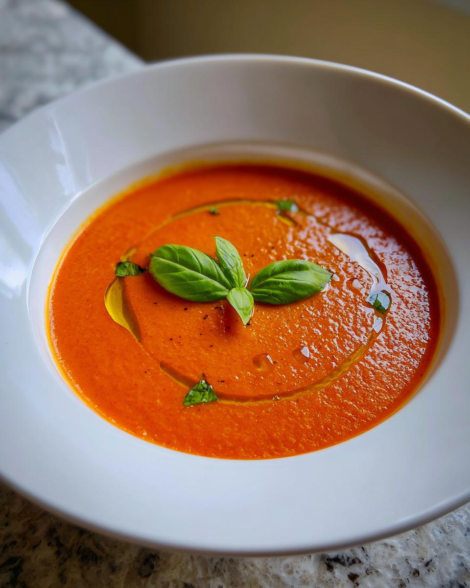 Close-up of vibrant tomato basil soup in a white bowl, garnished with fresh basil leaves and a drizzle of olive oil.