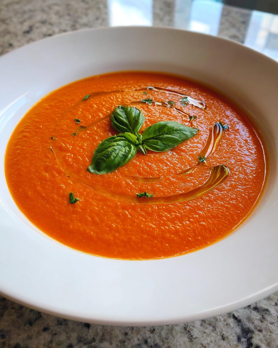 Close-up of a vibrant, creamy tomato basil soup garnished with fresh basil leaves and a drizzle of olive oil.