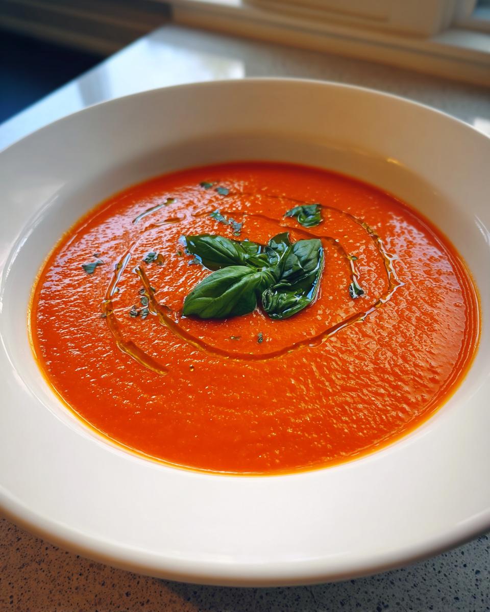 A close-up of vibrant, creamy tomato basil soup garnished with fresh basil leaves and a drizzle of olive oil.