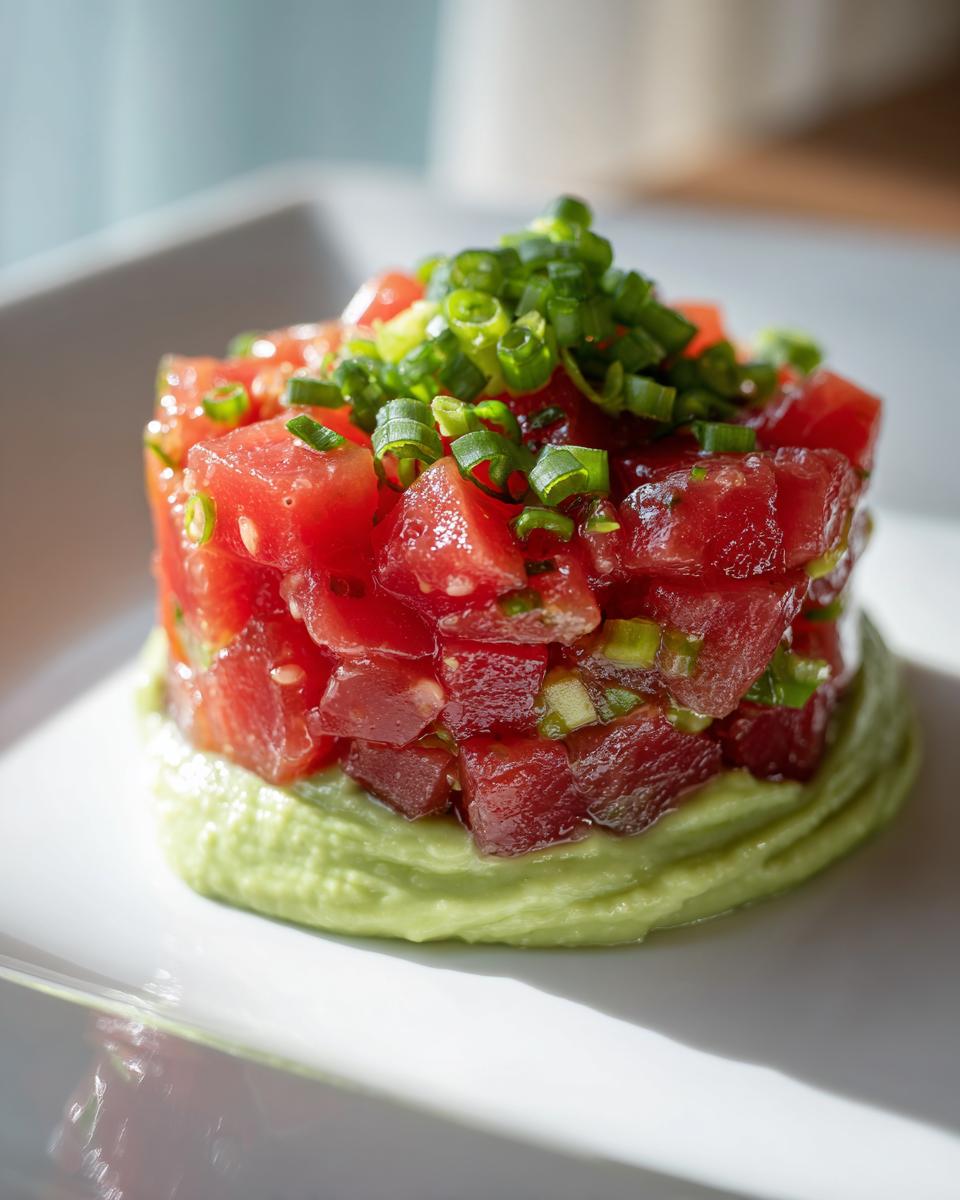 Close-up of a molded tuna tartare stack resting on a bed of creamy avocado puree, topped with sliced green onions.