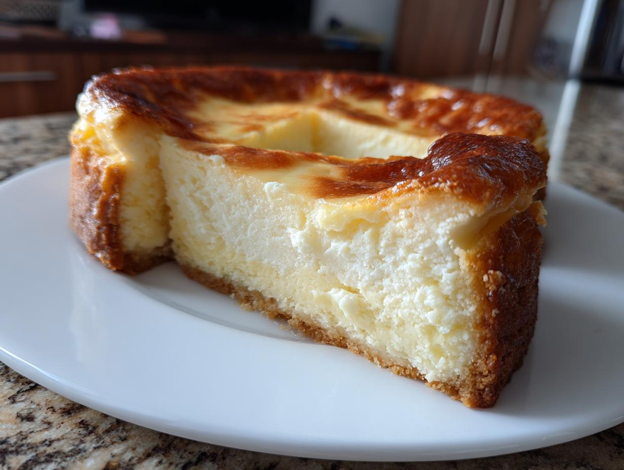 A thick slice of baked white chocolate cheesecake showing a dense, creamy filling and a deeply browned top crust, served on a white plate.