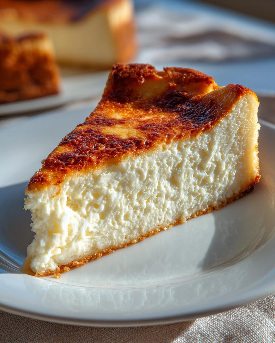 A close-up of a thick slice of creamy white chocolate cheesecake with a deeply caramelized, slightly burnt top, sitting on a white plate.