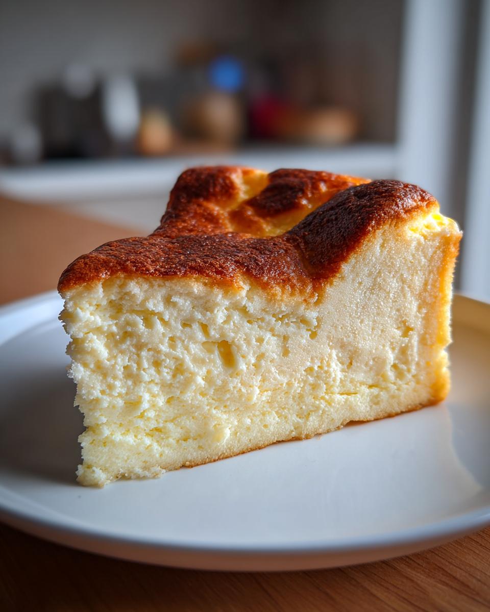 A close-up of a thick slice of creamy white chocolate cheesecake with a deeply caramelized, burnt top.