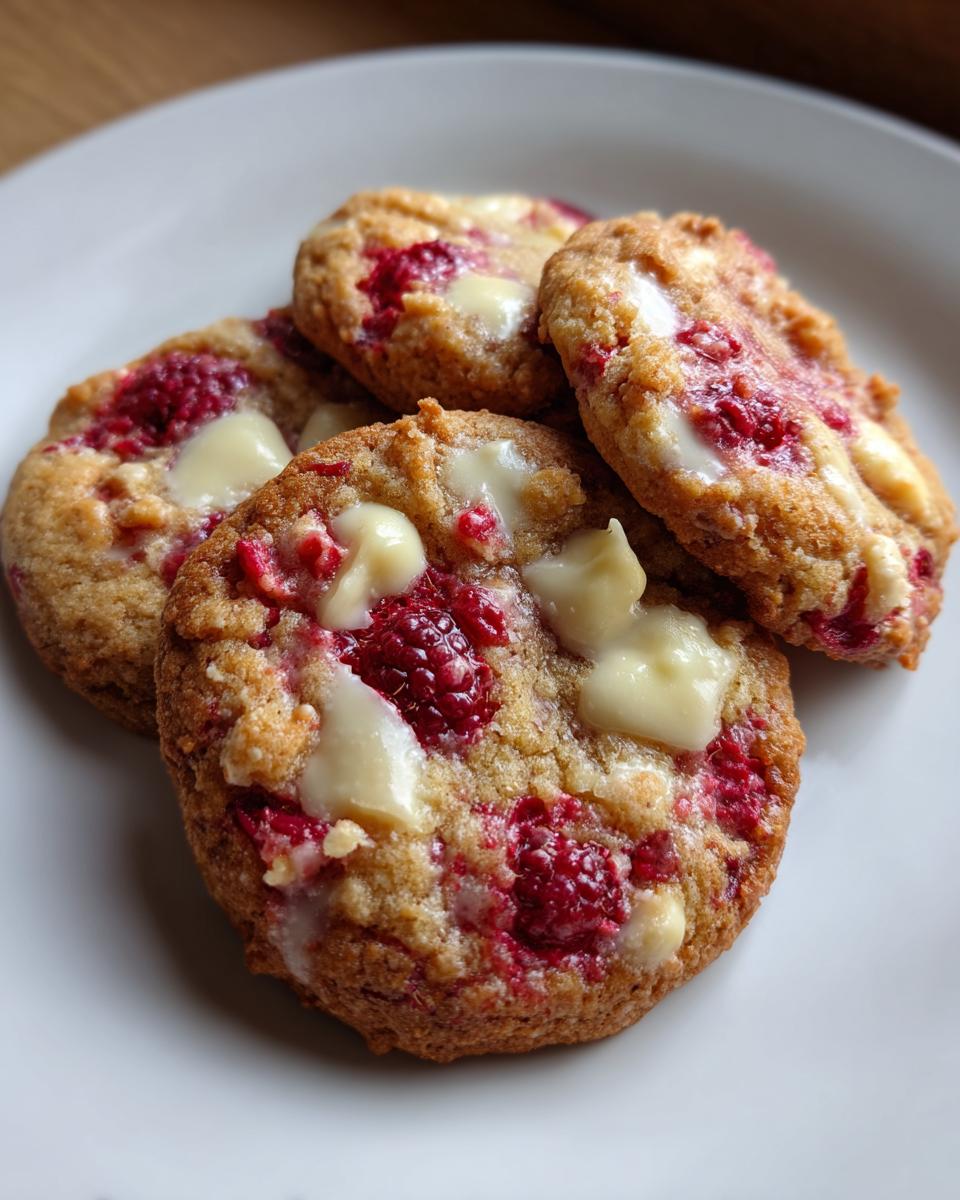 Four freshly baked white chocolate raspberry cookies piled on a white plate, showing melted white chocolate chunks and bright red raspberries.