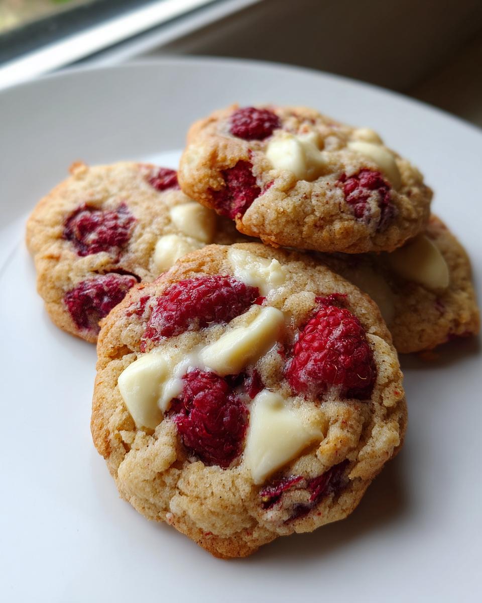 A stack of three freshly baked white chocolate raspberry cookies featuring bright red raspberries and melted white chocolate chunks.