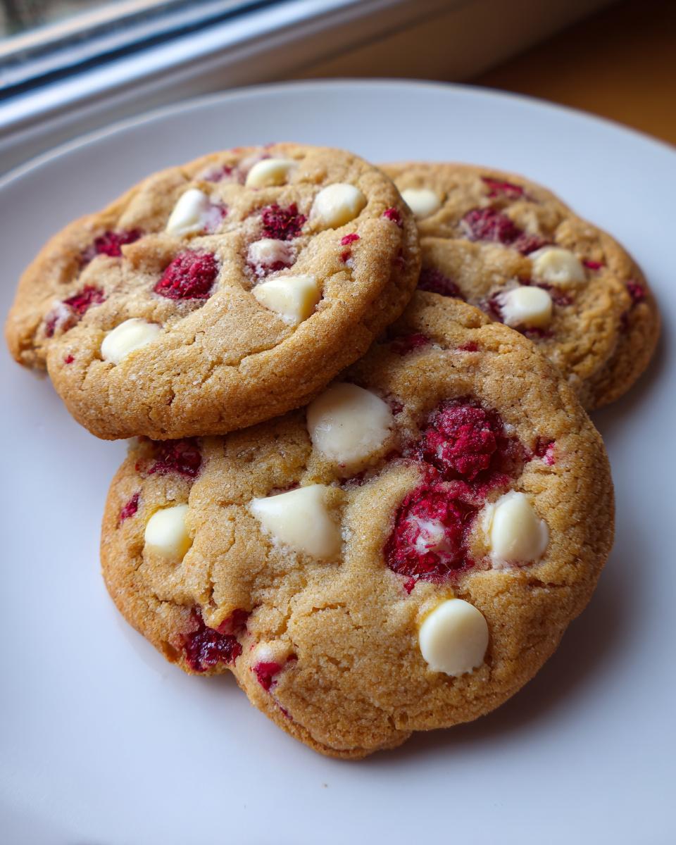 Three freshly baked white chocolate raspberry cookies stacked slightly on a white plate, showing visible white chocolate chips and bright red raspberry pieces.