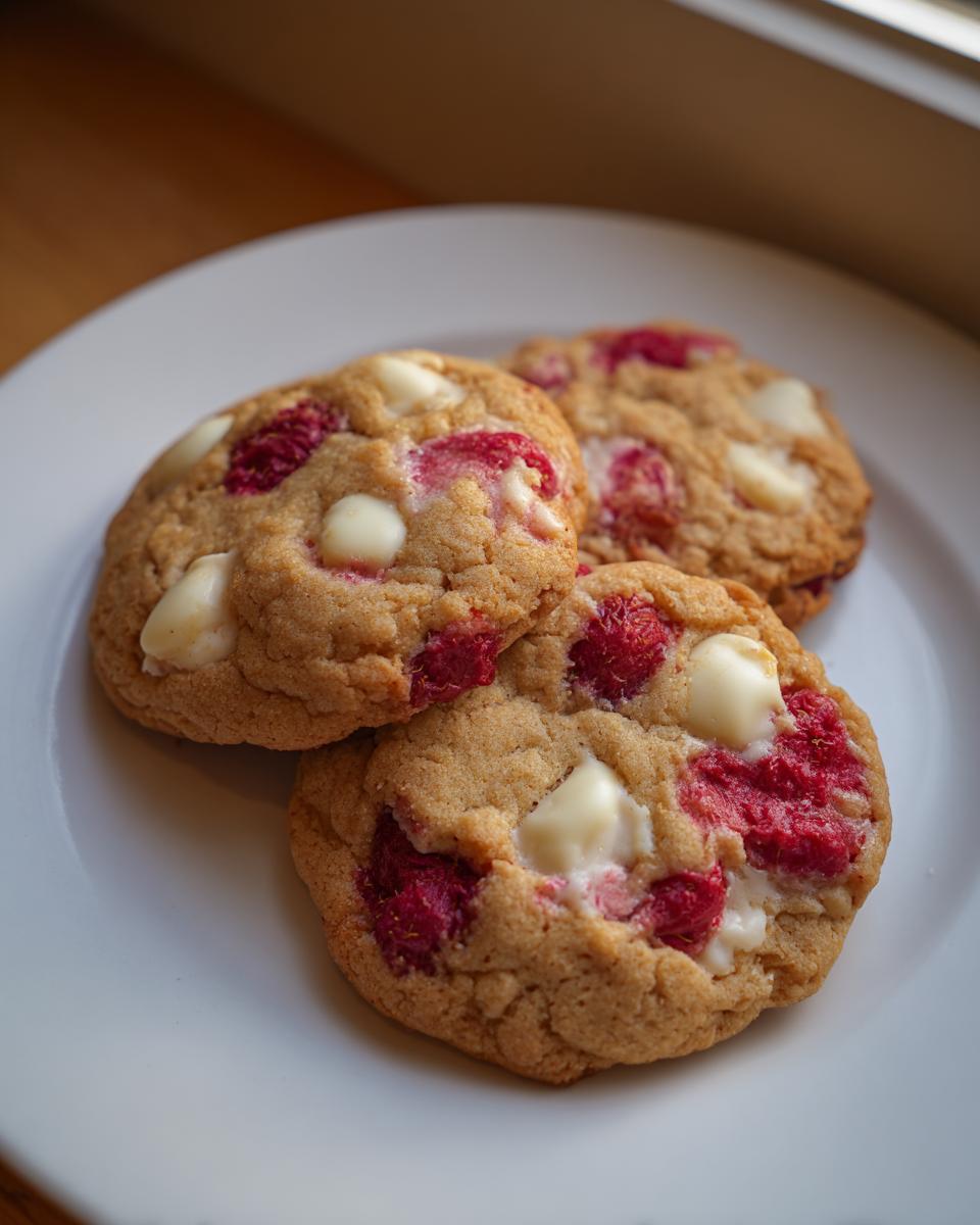 Three freshly baked white chocolate raspberry cookies displayed on a white plate, showing melted white chocolate chunks and bright red raspberries.