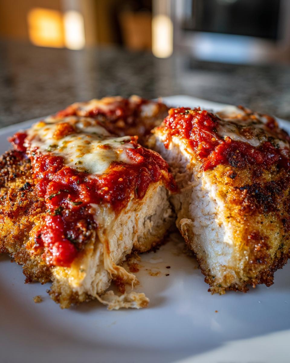 Close-up of juicy chicken parmesan recipe air fryer oven cut open, showing crispy breading, white meat, marinara sauce, and melted mozzarella.