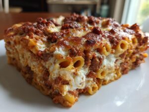 A hearty, square slice of baked ziti layered with meat sauce and creamy white cheese, showing the tubular pasta shape.