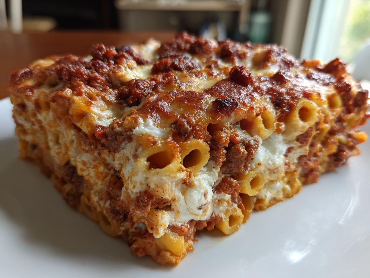 A hearty, square slice of baked ziti layered with meat sauce and creamy white cheese, showing the tubular pasta shape.