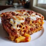 A hearty slice of baked ziti pasta layered with rich meat sauce and melted mozzarella cheese on a white plate.