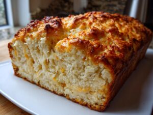 Close-up of a freshly baked loaf of amazing cheese beer bread, showing a golden crust and cheesy interior.
