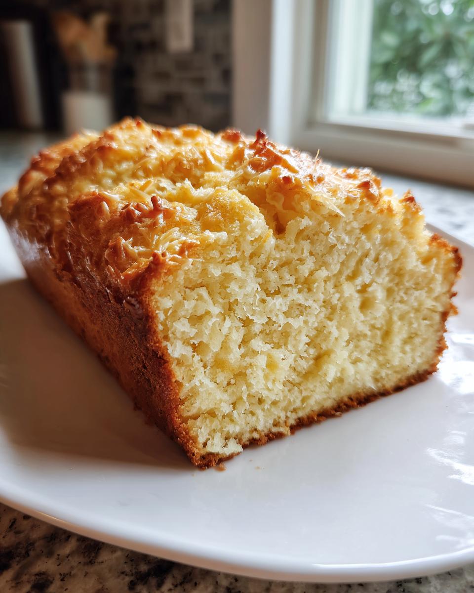 A golden-brown loaf of moist cheese beer bread, sliced open to show the texture, resting on a white plate.