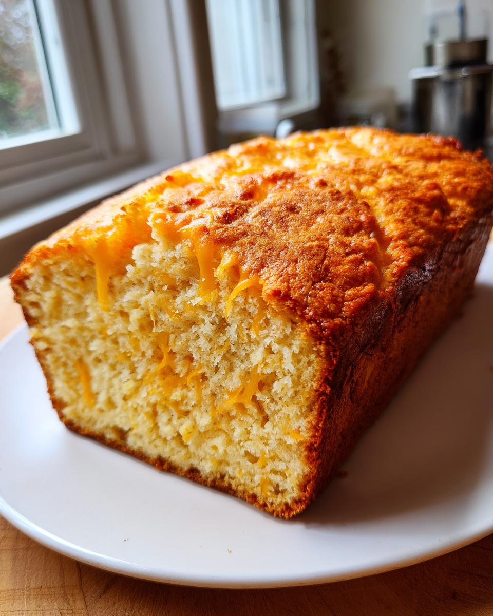 A freshly baked loaf of amazing cheese beer bread with a golden crust, sitting on a white plate.