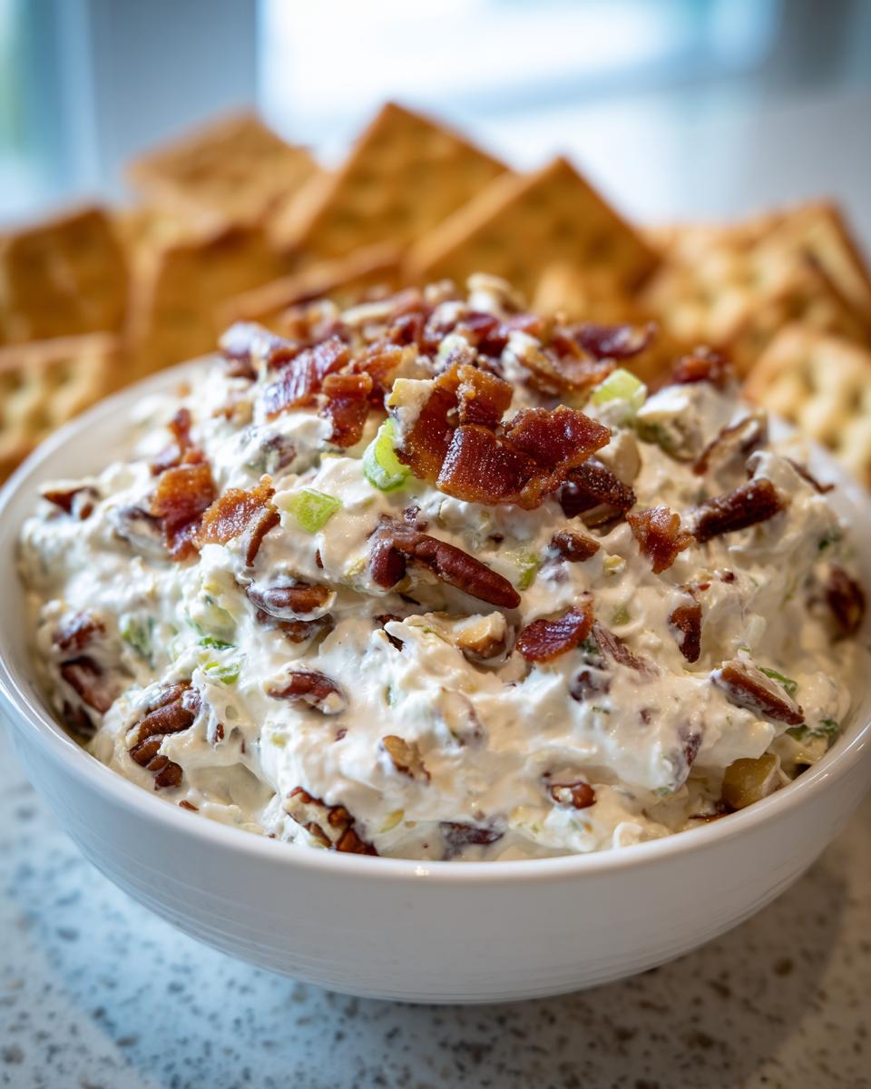 Close-up of a bowl of rich cream cheese dip topped with crispy bacon bits and pecans, served with crackers.