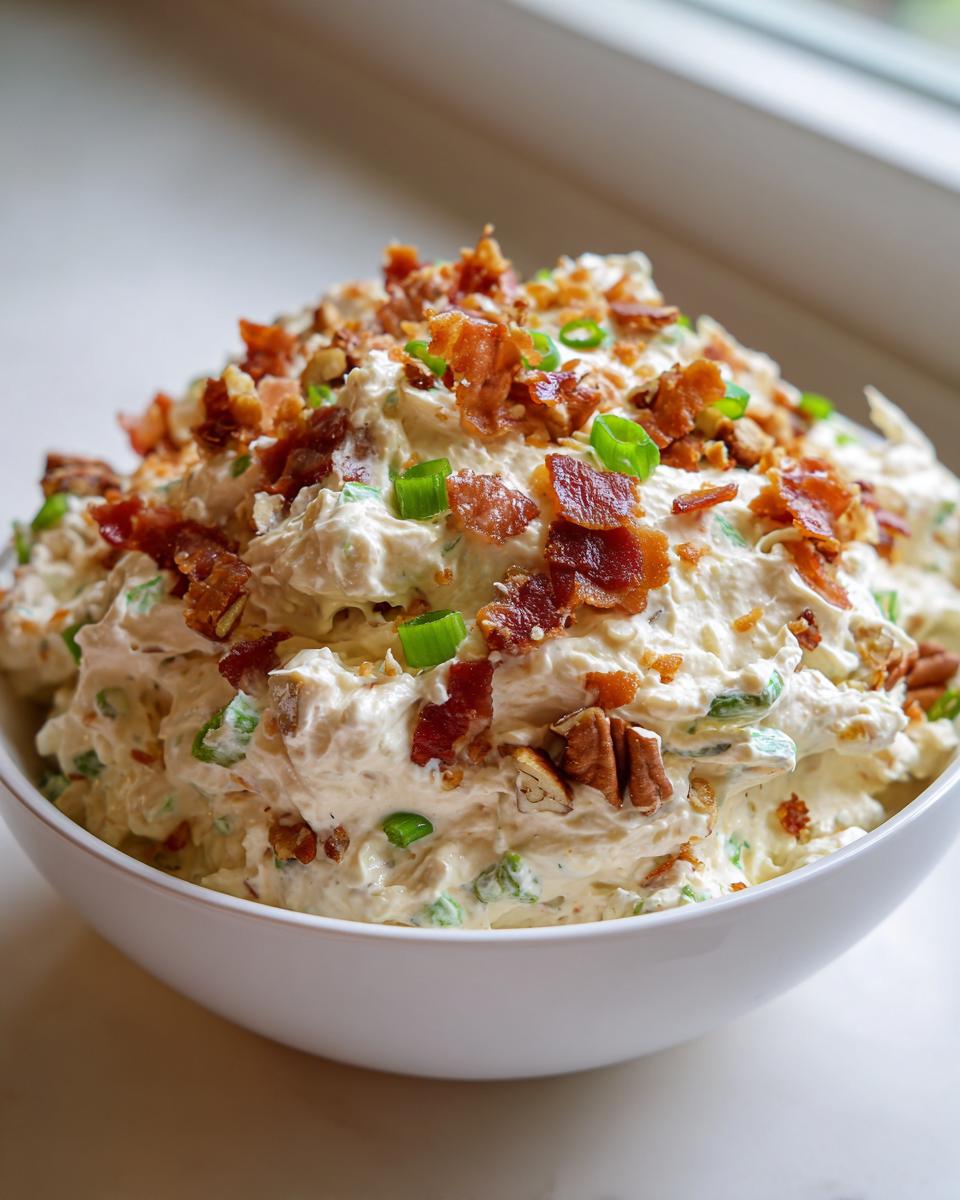 A generous bowl of creamy, savory cream cheese dip topped with crispy bacon bits, chopped pecans, and green onions.