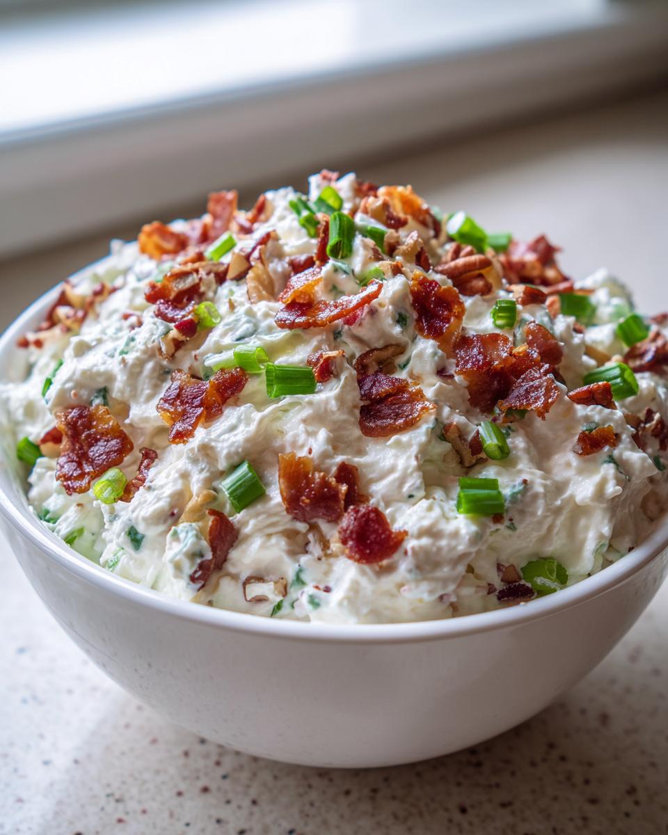 A bowl overflowing with a thick, savory cream cheese dip topped with crispy bacon bits and chopped green onions.