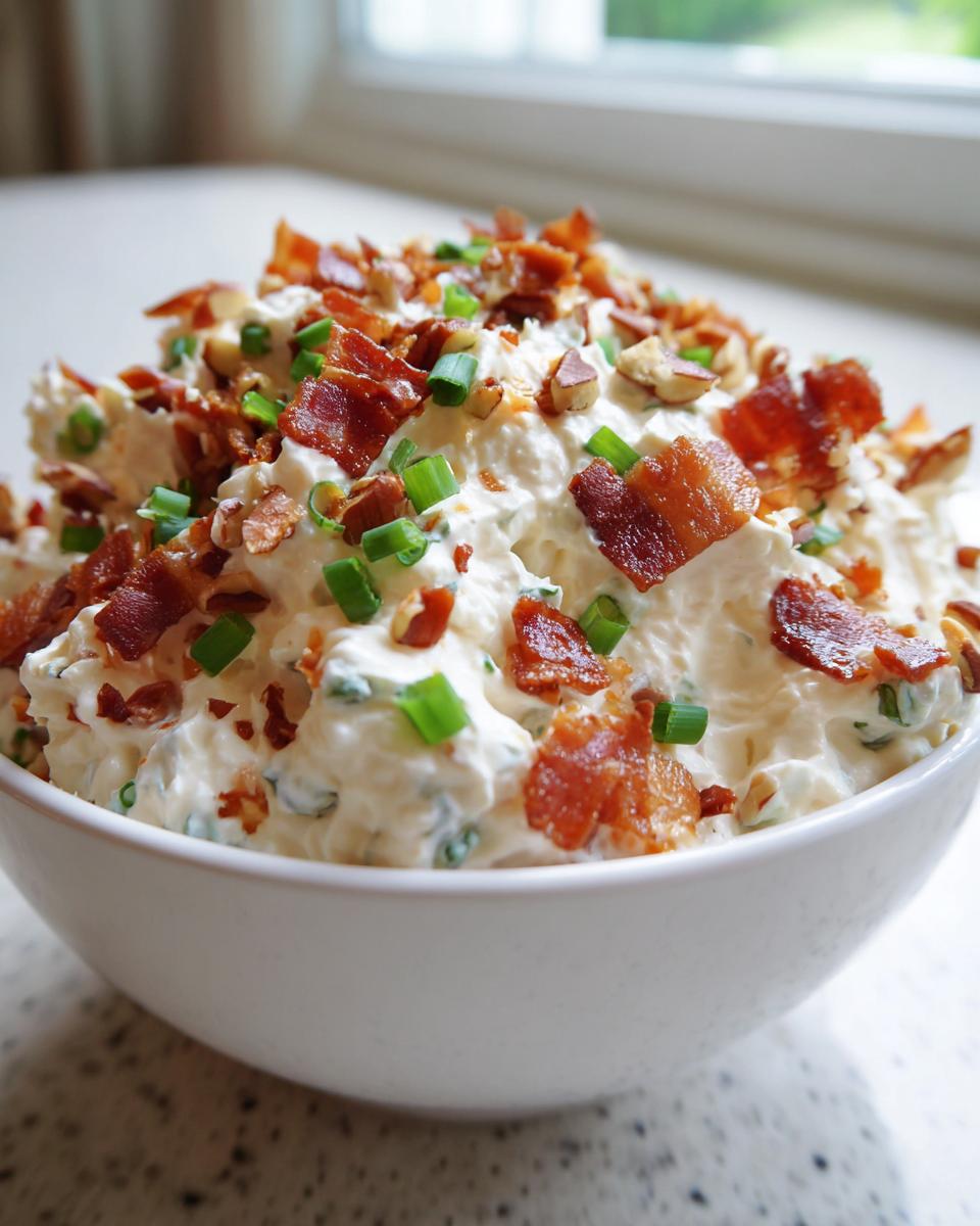 Close-up of a fluffy cream cheese dip topped generously with crumbled bacon, chopped pecans, and green onions.