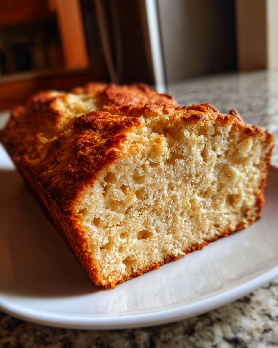 A close-up shot showing the crumb texture of a freshly baked gluten free beer bread loaf on a white plate.