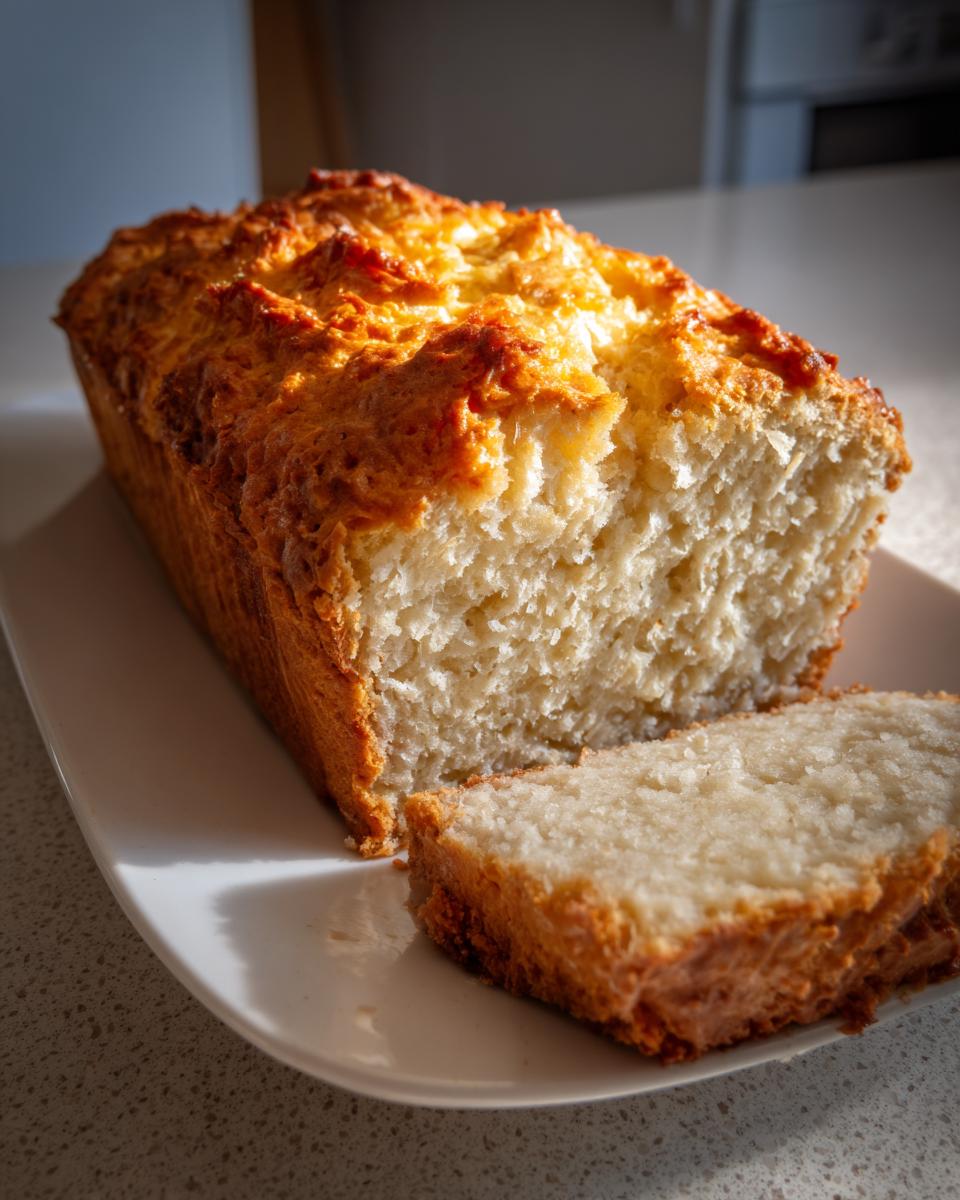 A golden-crusted loaf of gluten free beer bread, partially sliced on a white platter.