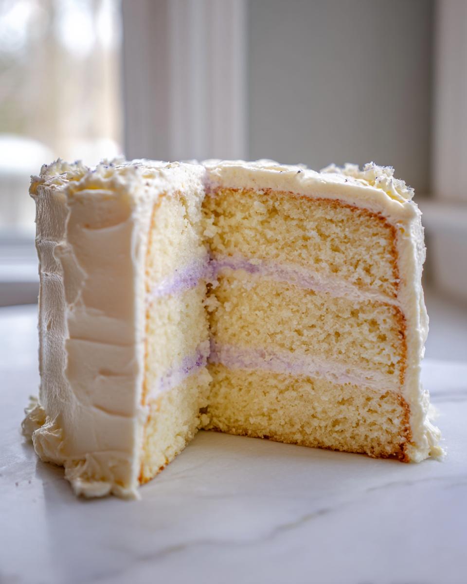 Close-up of a moist slice of amazing lavender cake showing three layers and light purple filling.